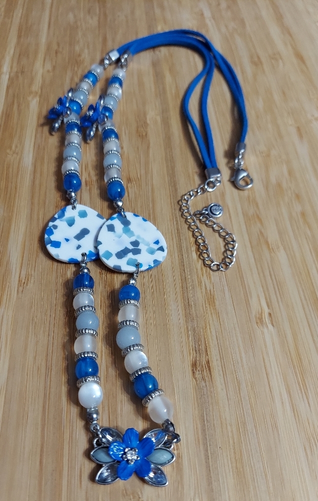 C1946 Cato Silver/Denim Dreams Stone/Bead Multi-Strand Floral Necklace